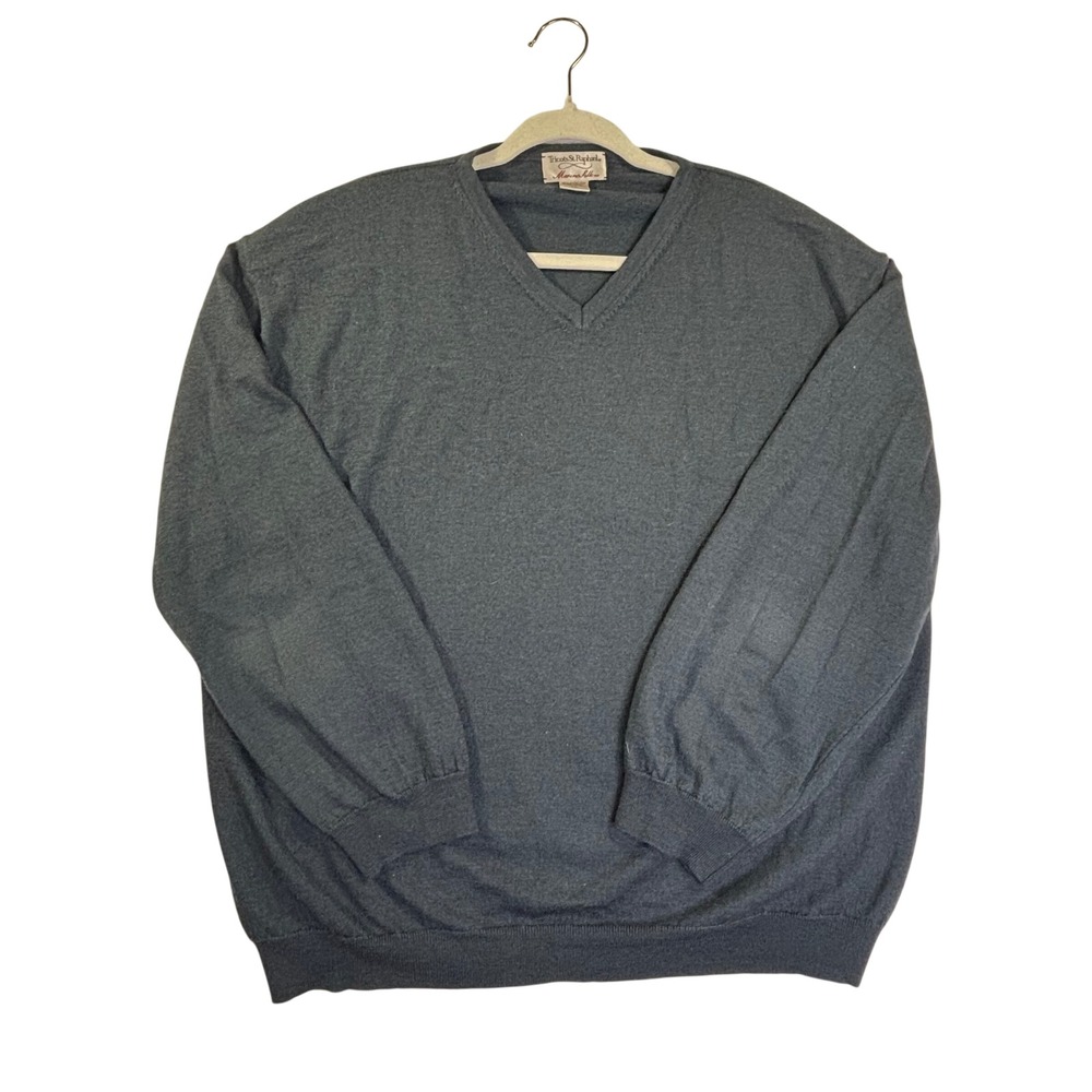 Vtg Tricots St Raphael Mens XXL Gray Blue Merino Wool Silk Blend V-Neck Sweater